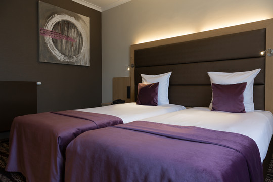 Chambre économique avec lits jumeaux, mettant en avant le design moderne et les équipements pratiques.