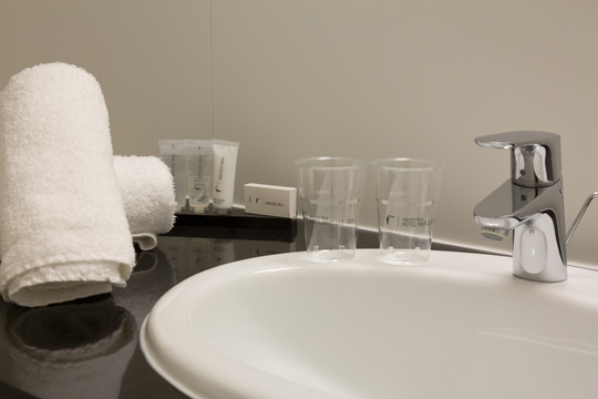 Salle de bain élégante et fonctionnelle avec douche et sèche-cheveux dans la chambre supérieure familiale à Nivelles, pour un confort optimal.